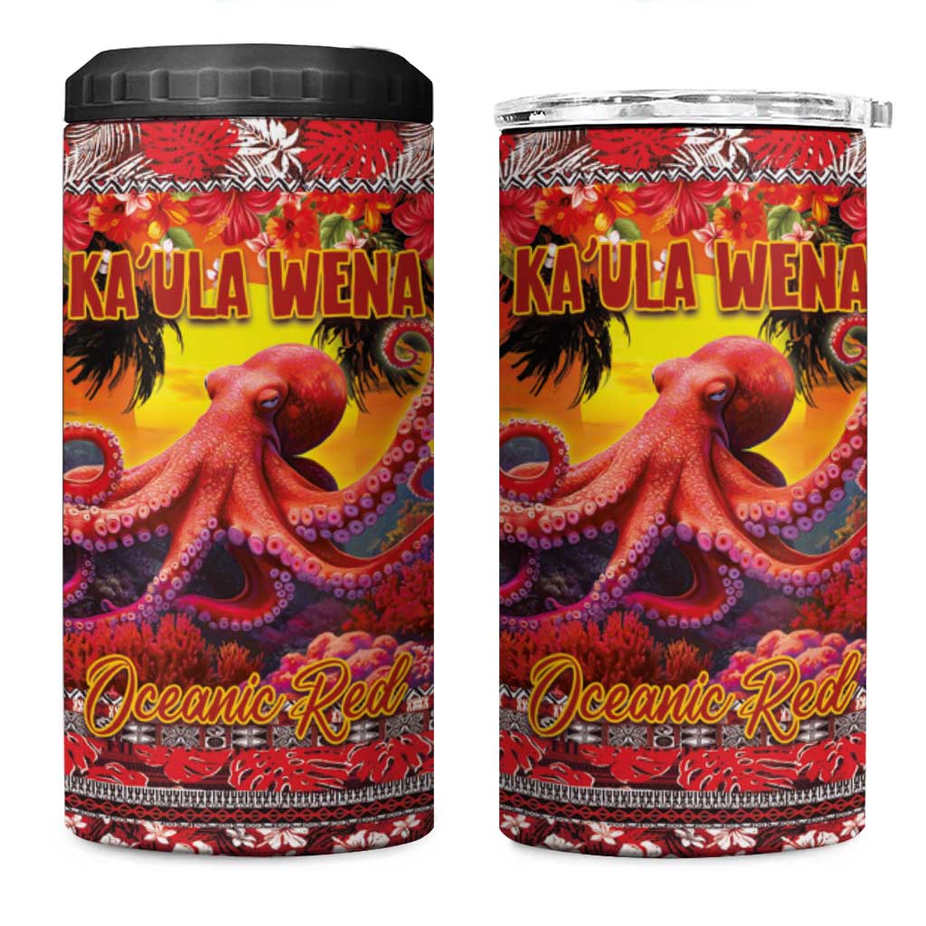 Hawaii KaʻUla Wena Octopus 4 in 1 Can Cooler Tumbler Oceanic Red with Corals and Tropical On Sunset Landscape