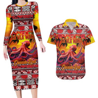 Hawaii KaUla Wena Octopus Couples Matching Long Sleeve Bodycon Dress and Hawaiian Shirt Oceanic Red with Corals and Tropical On Sunset Landscape LT03 Red - Polynesian Pride