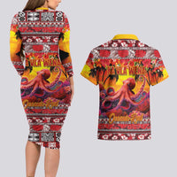 Hawaii KaUla Wena Octopus Couples Matching Long Sleeve Bodycon Dress and Hawaiian Shirt Oceanic Red with Corals and Tropical On Sunset Landscape LT03 - Polynesian Pride