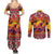 Hawaii KaʻUla Wena Octopus Couples Matching Summer Maxi Dress and Long Sleeve Button Shirt Oceanic Red with Corals and Tropical On Sunset Landscape