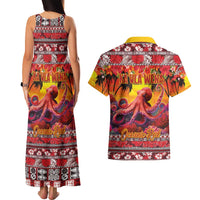 Hawaii KaʻUla Wena Octopus Couples Matching Tank Maxi Dress and Hawaiian Shirt Oceanic Red with Corals and Tropical On Sunset Landscape