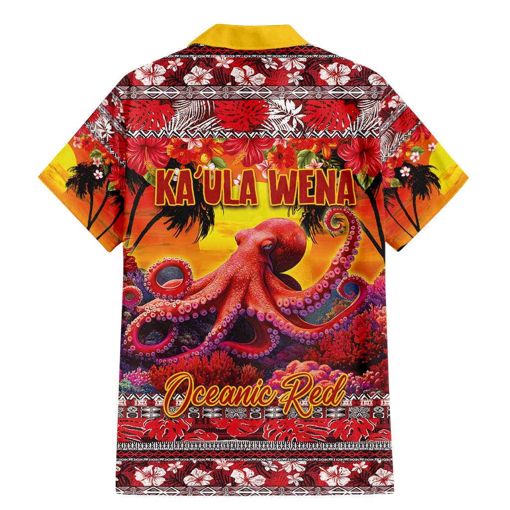 Hawaii KaʻUla Wena Octopus Family Matching Mermaid Dress and Hawaiian Shirt Oceanic Red with Corals and Tropical On Sunset Landscape