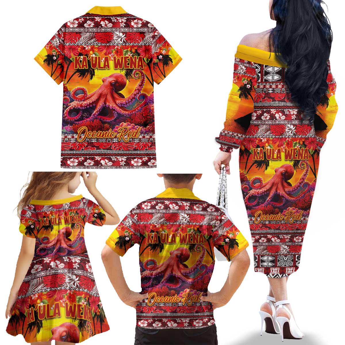 Hawaii KaʻUla Wena Octopus Family Matching Off The Shoulder Long Sleeve Dress and Hawaiian Shirt Oceanic Red with Corals and Tropical On Sunset Landscape