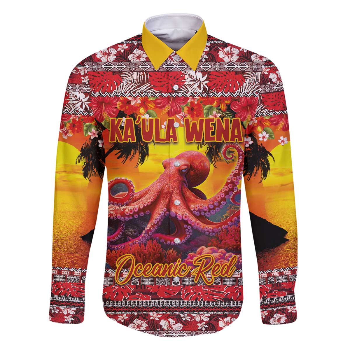 Hawaii KaʻUla Wena Octopus Family Matching Off The Shoulder Long Sleeve Dress and Hawaiian Shirt Oceanic Red with Corals and Tropical On Sunset Landscape