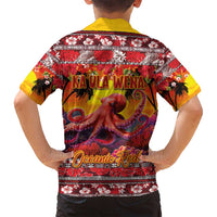 Hawaii KaUla Wena Octopus Family Matching Off Shoulder Short Dress and Hawaiian Shirt Oceanic Red with Corals and Tropical On Sunset Landscape LT03 - Polynesian Pride