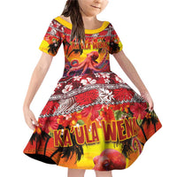 Hawaii KaUla Wena Octopus Family Matching Off Shoulder Short Dress and Hawaiian Shirt Oceanic Red with Corals and Tropical On Sunset Landscape LT03 Daughter's Dress Red - Polynesian Pride