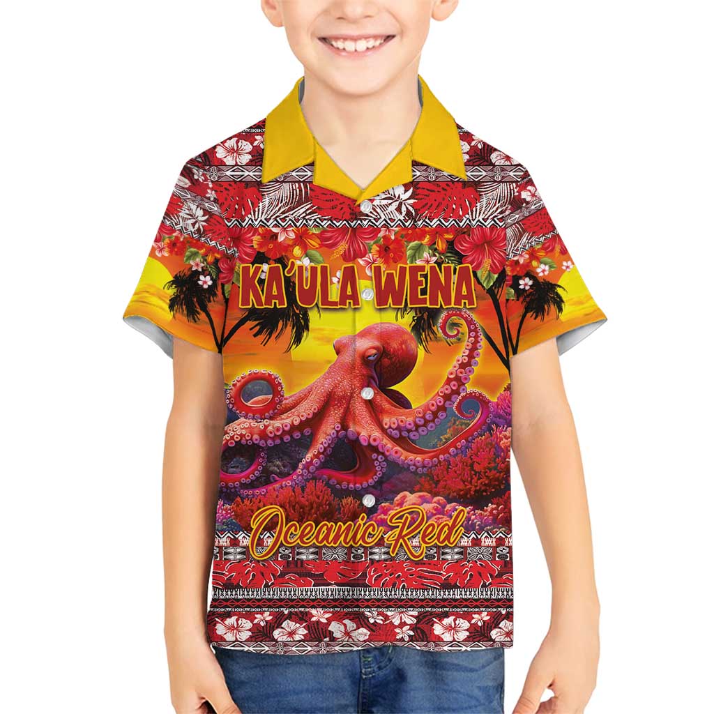 Hawaii KaUla Wena Octopus Family Matching Off Shoulder Short Dress and Hawaiian Shirt Oceanic Red with Corals and Tropical On Sunset Landscape LT03 Son's Shirt Red - Polynesian Pride