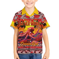 Hawaii KaUla Wena Octopus Family Matching Off Shoulder Short Dress and Hawaiian Shirt Oceanic Red with Corals and Tropical On Sunset Landscape LT03 Son's Shirt Red - Polynesian Pride
