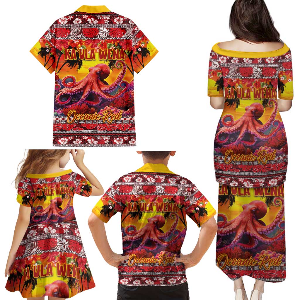 Hawaii KaʻUla Wena Octopus Family Matching Puletasi and Hawaiian Shirt Oceanic Red with Corals and Tropical On Sunset Landscape