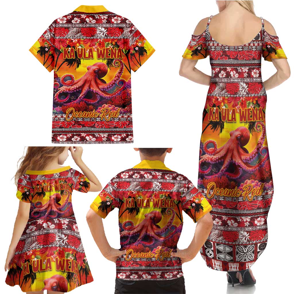 Hawaii KaʻUla Wena Octopus Family Matching Summer Maxi Dress and Hawaiian Shirt Oceanic Red with Corals and Tropical On Sunset Landscape