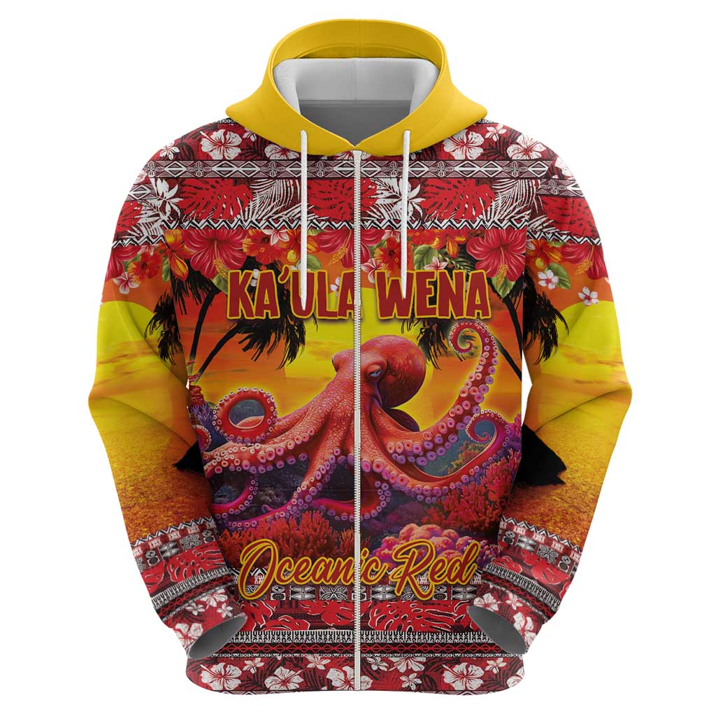 Hawaii KaʻUla Wena Octopus Hoodie Oceanic Red with Corals and Tropical On Sunset Landscape