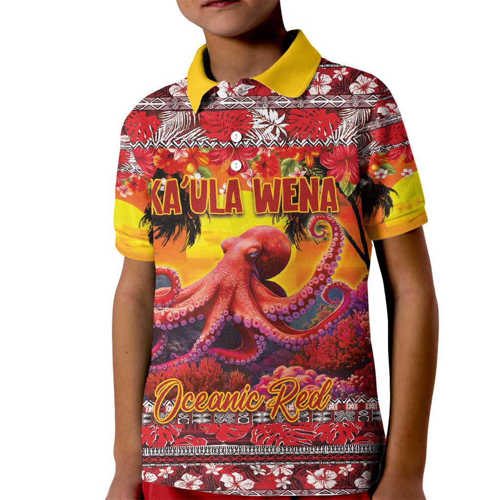 Hawaii KaʻUla Wena Octopus Kid Polo Shirt Oceanic Red with Corals and Tropical On Sunset Landscape