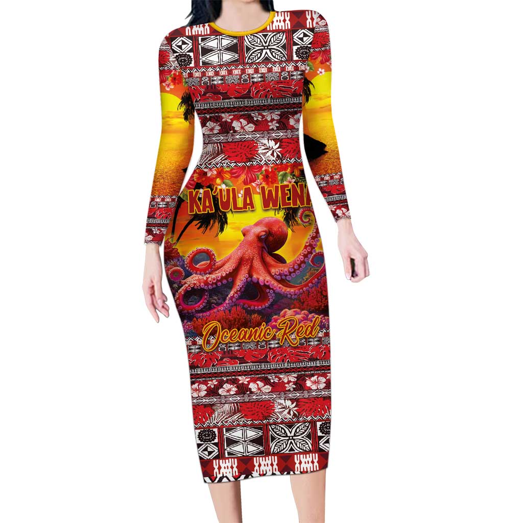 Hawaii KaʻUla Wena Octopus Long Sleeve Bodycon Dress Oceanic Red with Corals and Tropical On Sunset Landscape