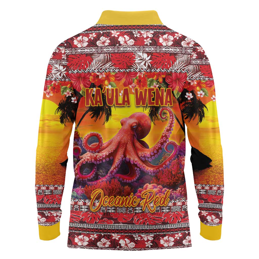 Hawaii KaʻUla Wena Octopus Long Sleeve Polo Shirt Oceanic Red with Corals and Tropical On Sunset Landscape