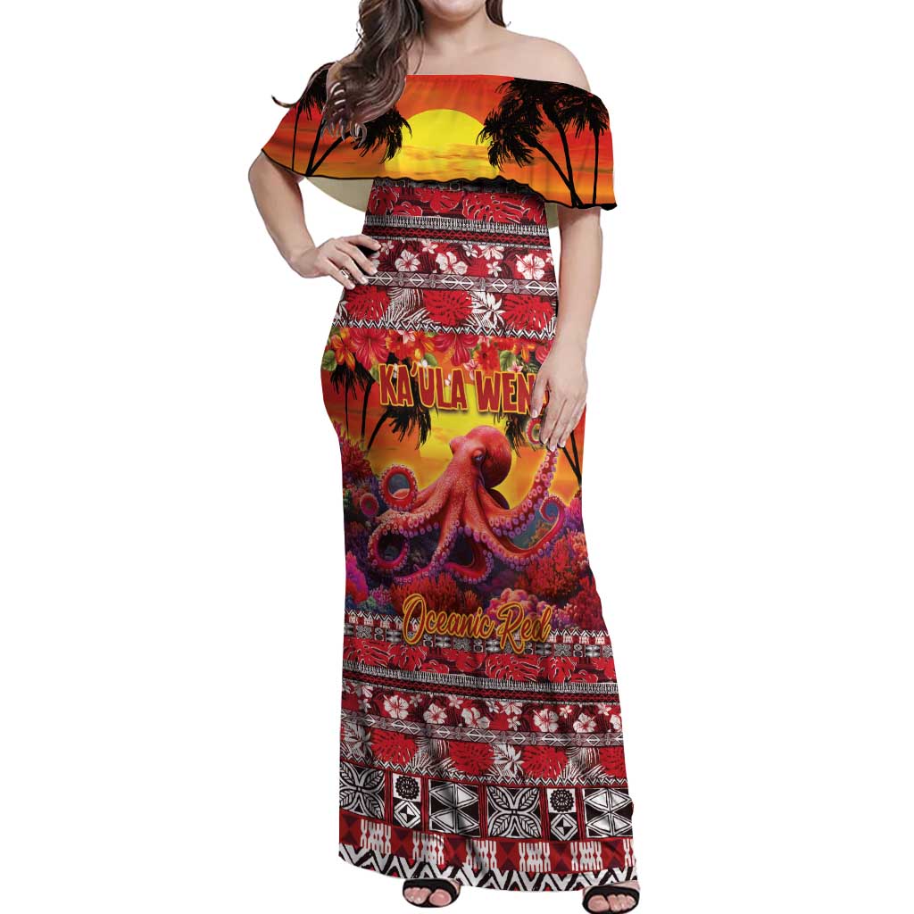 Hawaii KaʻUla Wena Octopus Off Shoulder Maxi Dress Oceanic Red with Corals and Tropical On Sunset Landscape