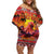 Hawaii KaʻUla Wena Octopus Off Shoulder Short Dress Oceanic Red with Corals and Tropical On Sunset Landscape