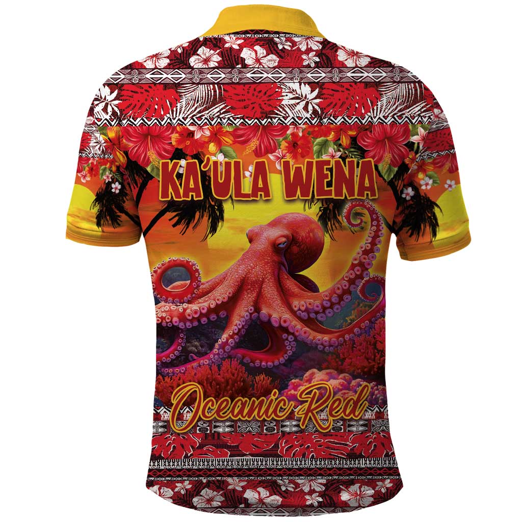 Hawaii KaʻUla Wena Octopus Polo Shirt Oceanic Red with Corals and Tropical On Sunset Landscape