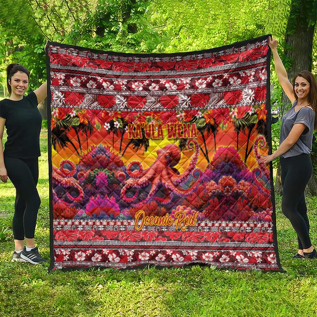 Hawaii KaUla Wena Octopus Quilt Oceanic Red with Corals and Tropical On Sunset Landscape LT03 - Polynesian Pride
