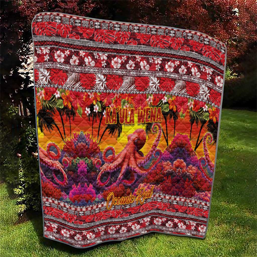 Hawaii KaUla Wena Octopus Quilt Oceanic Red with Corals and Tropical On Sunset Landscape LT03 - Polynesian Pride