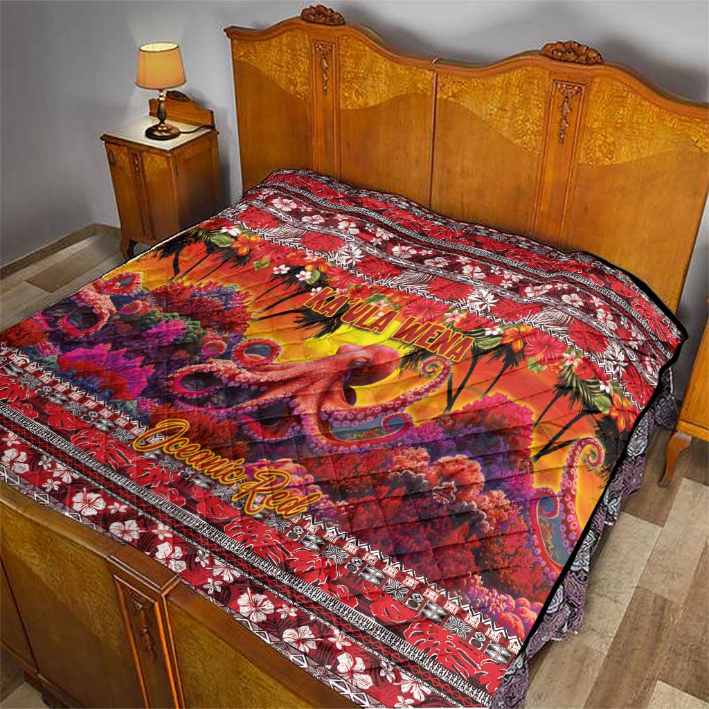 Hawaii KaUla Wena Octopus Quilt Oceanic Red with Corals and Tropical On Sunset Landscape LT03 - Polynesian Pride