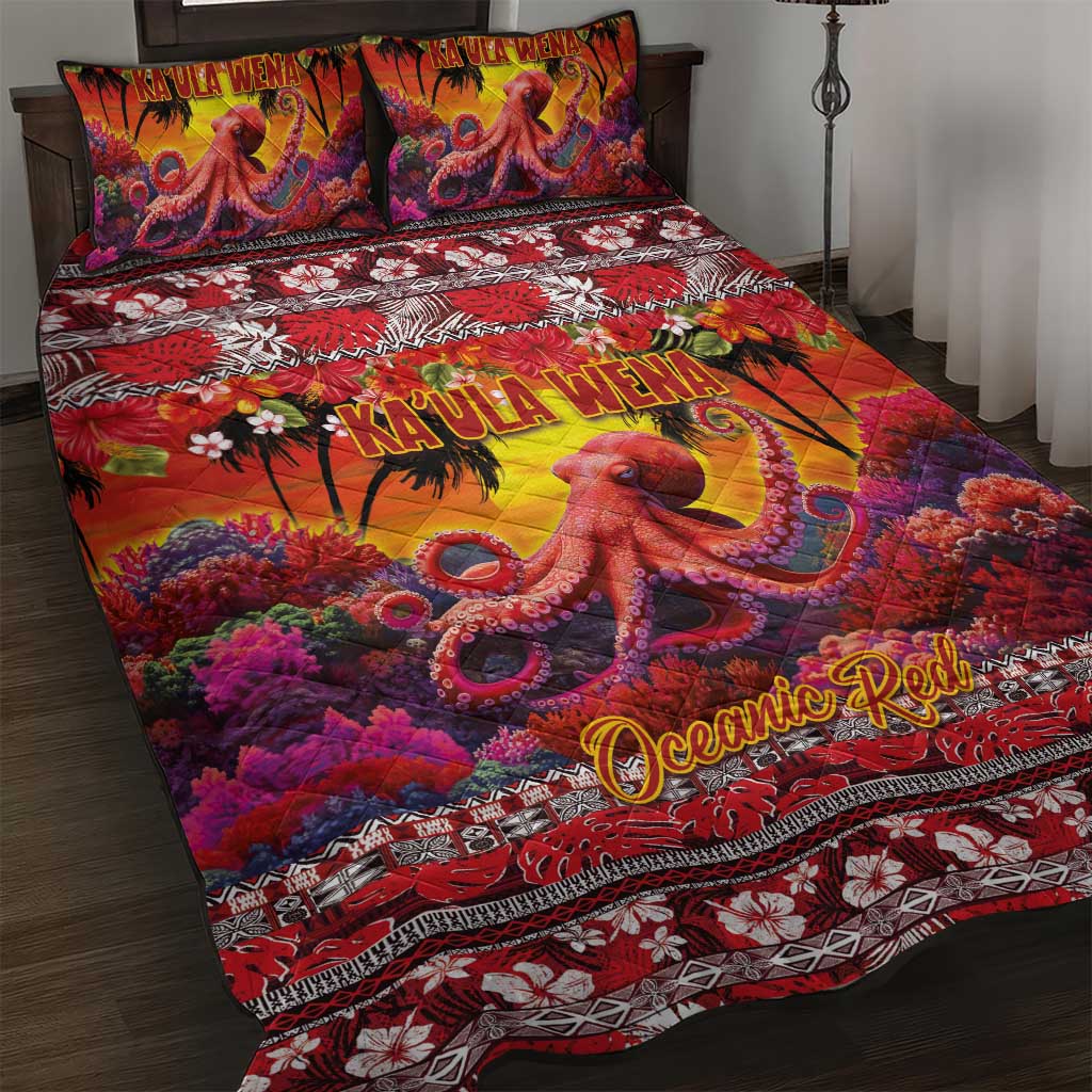 Hawaii KaʻUla Wena Octopus Quilt Bed Set Oceanic Red with Corals and Tropical On Sunset Landscape