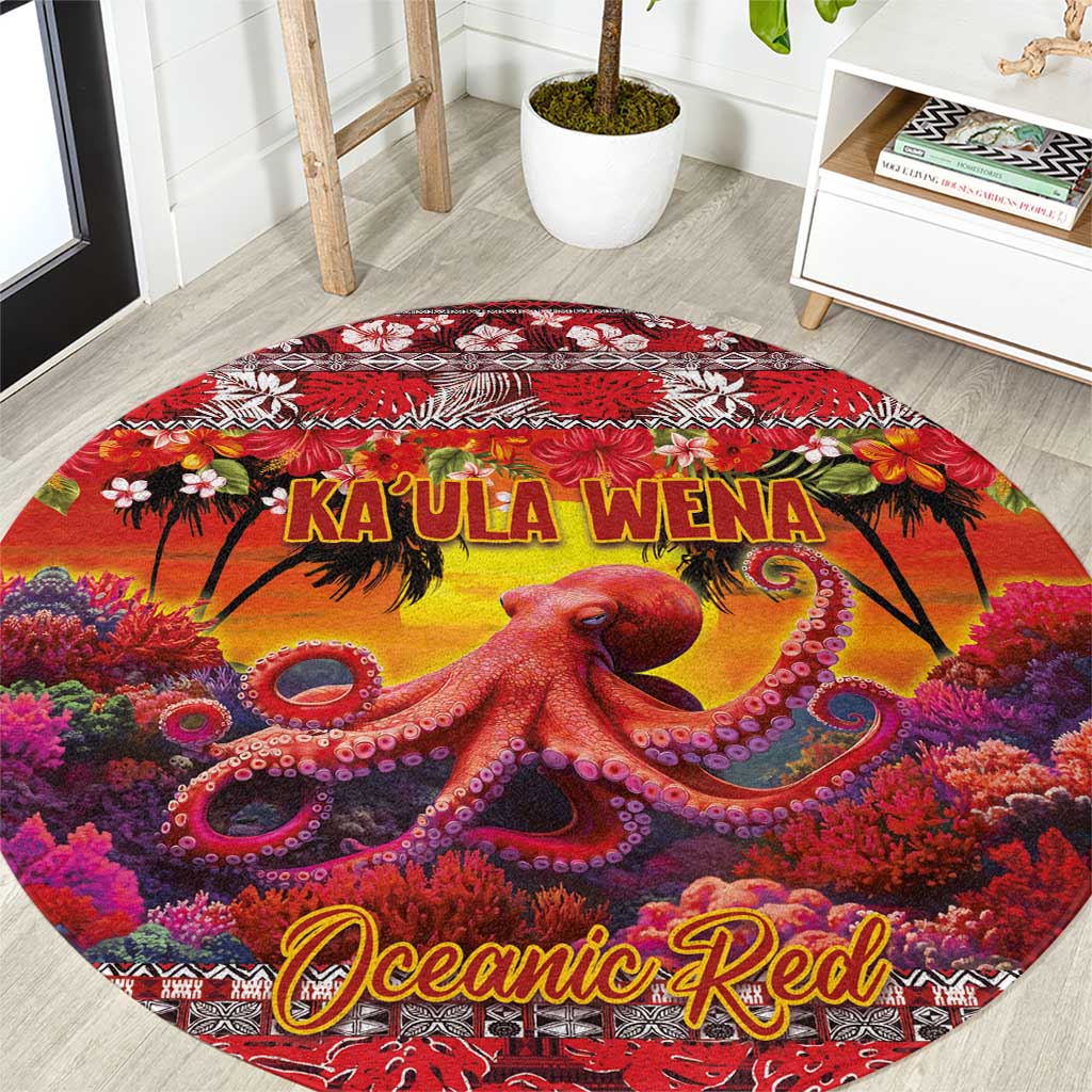 Hawaii KaʻUla Wena Octopus Round Carpet Oceanic Red with Corals and Tropical On Sunset Landscape