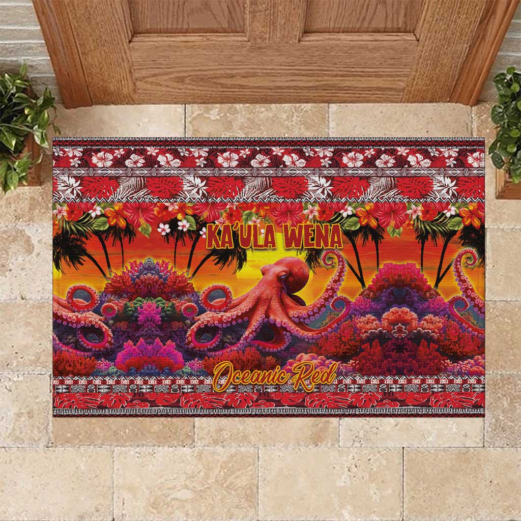 Hawaii KaʻUla Wena Octopus Rubber Doormat Oceanic Red with Corals and Tropical On Sunset Landscape