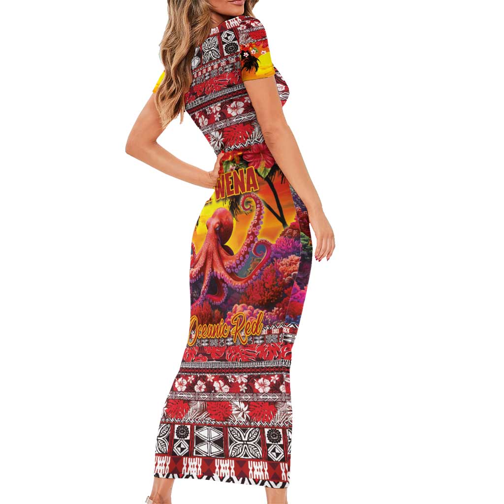 Hawaii KaʻUla Wena Octopus Short Sleeve Bodycon Dress Oceanic Red with Corals and Tropical On Sunset Landscape