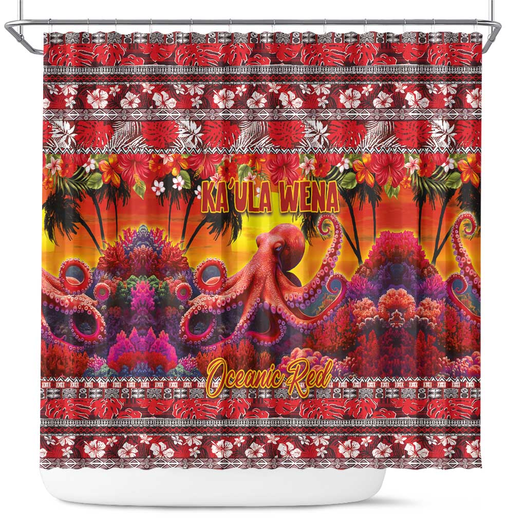 Hawaii KaʻUla Wena Octopus Shower Curtain Oceanic Red with Corals and Tropical On Sunset Landscape