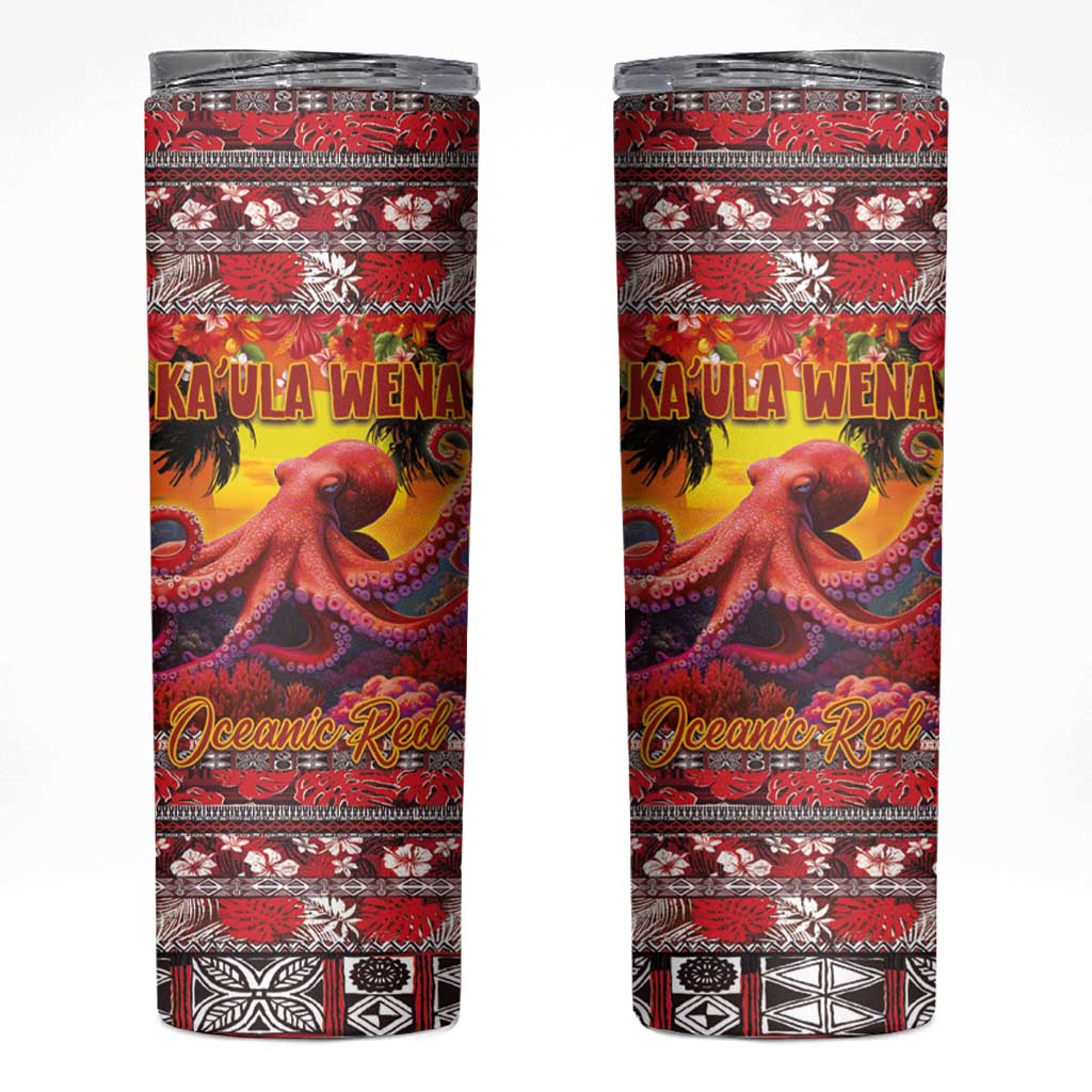 Hawaii KaʻUla Wena Octopus Skinny Tumbler Oceanic Red with Corals and Tropical On Sunset Landscape