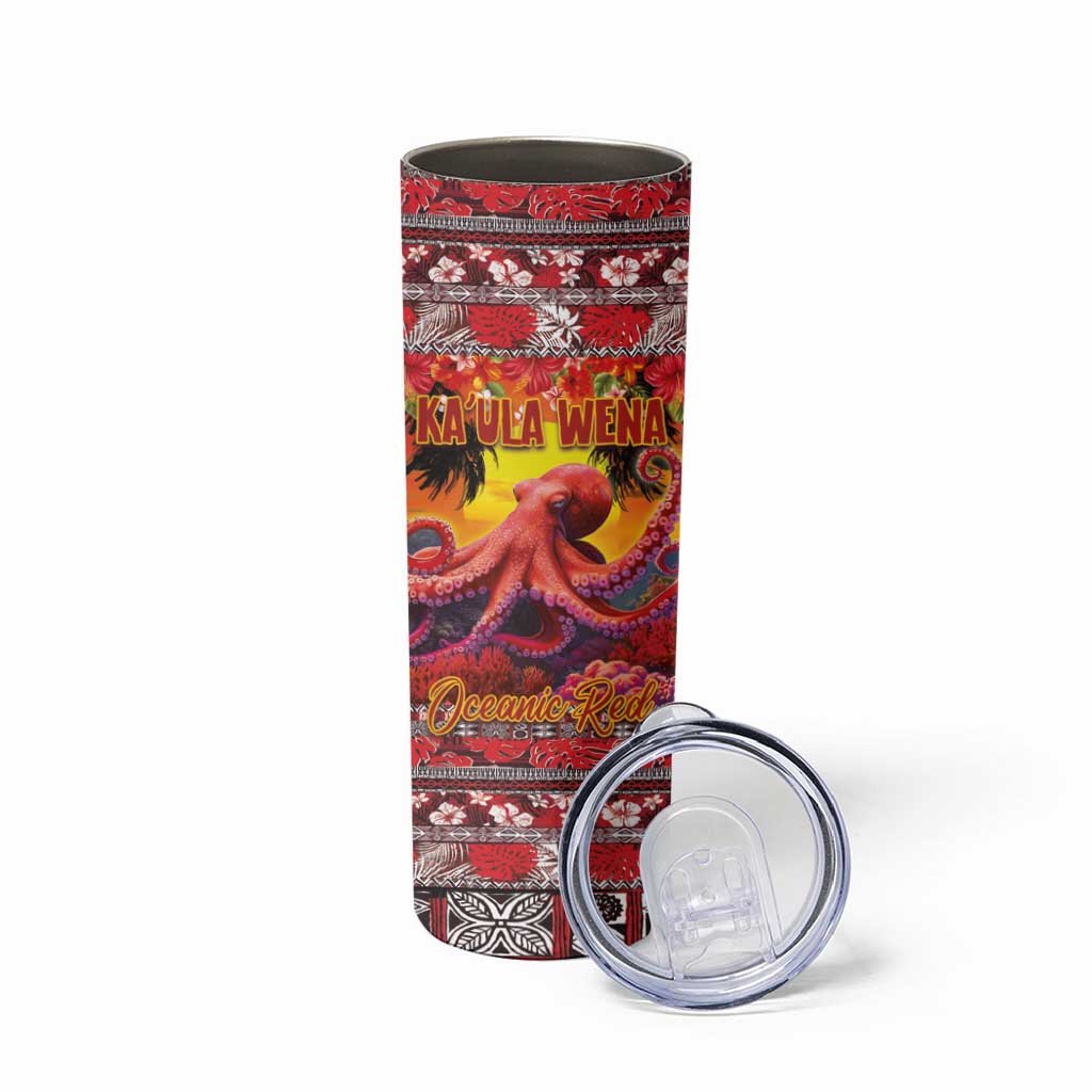 Hawaii KaʻUla Wena Octopus Skinny Tumbler Oceanic Red with Corals and Tropical On Sunset Landscape