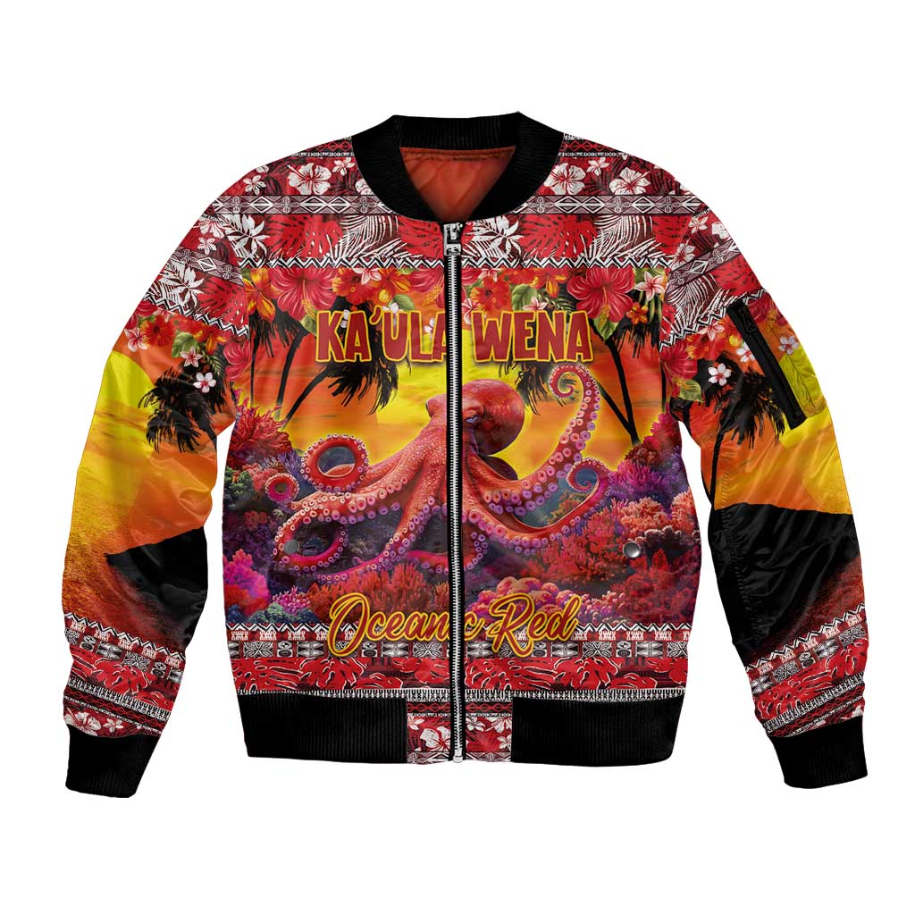 Hawaii KaʻUla Wena Octopus Sleeve Zip Bomber Jacket Oceanic Red with Corals and Tropical On Sunset Landscape