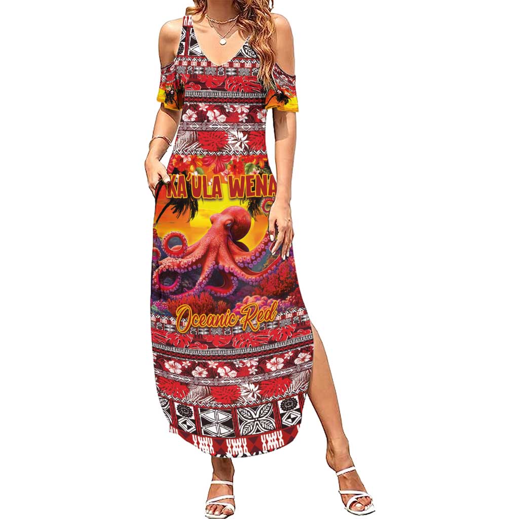 Hawaii KaʻUla Wena Octopus Summer Maxi Dress Oceanic Red with Corals and Tropical On Sunset Landscape