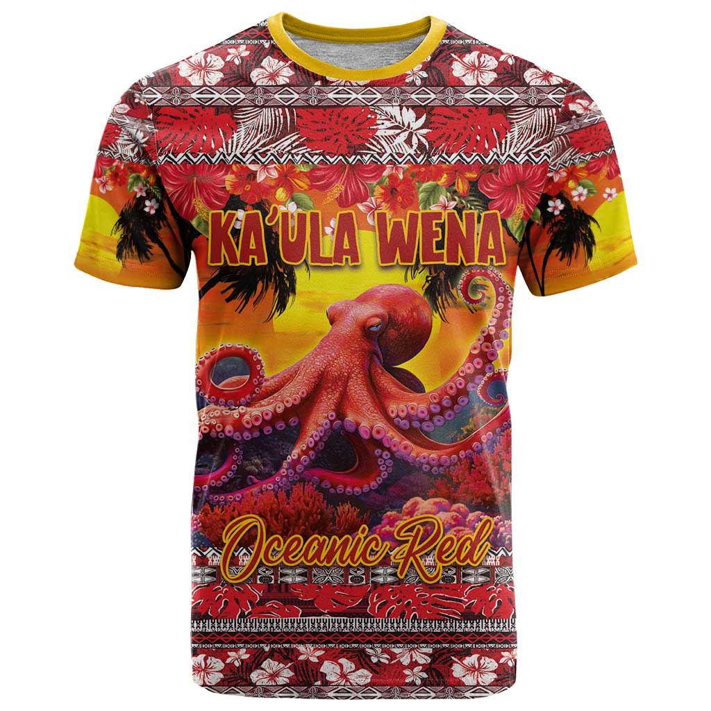 Hawaii KaʻUla Wena Octopus T Shirt Oceanic Red with Corals and Tropical On Sunset Landscape