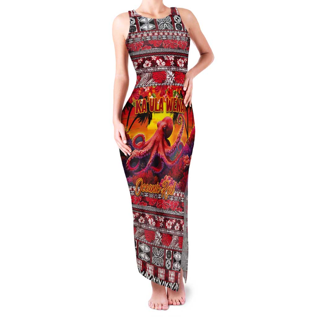 Hawaii KaʻUla Wena Octopus Tank Maxi Dress Oceanic Red with Corals and Tropical On Sunset Landscape