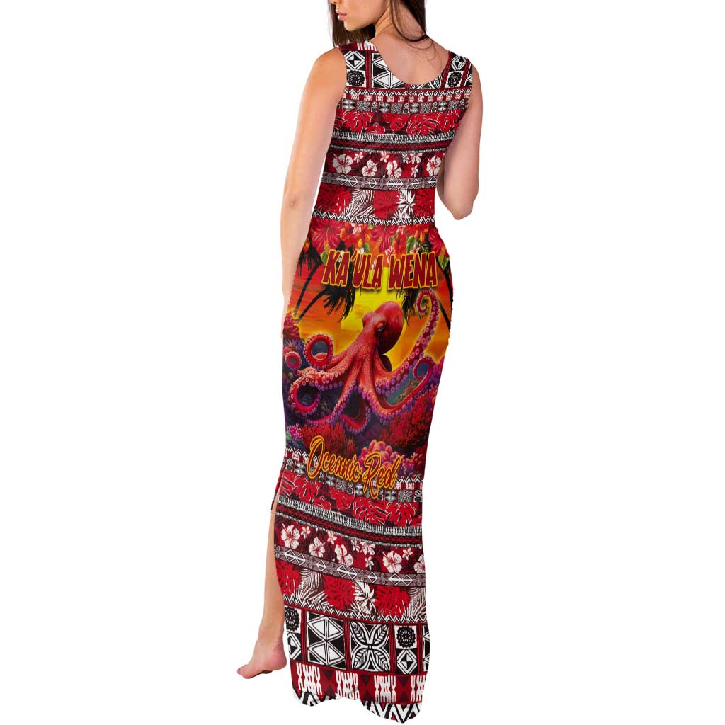 Hawaii KaʻUla Wena Octopus Tank Maxi Dress Oceanic Red with Corals and Tropical On Sunset Landscape