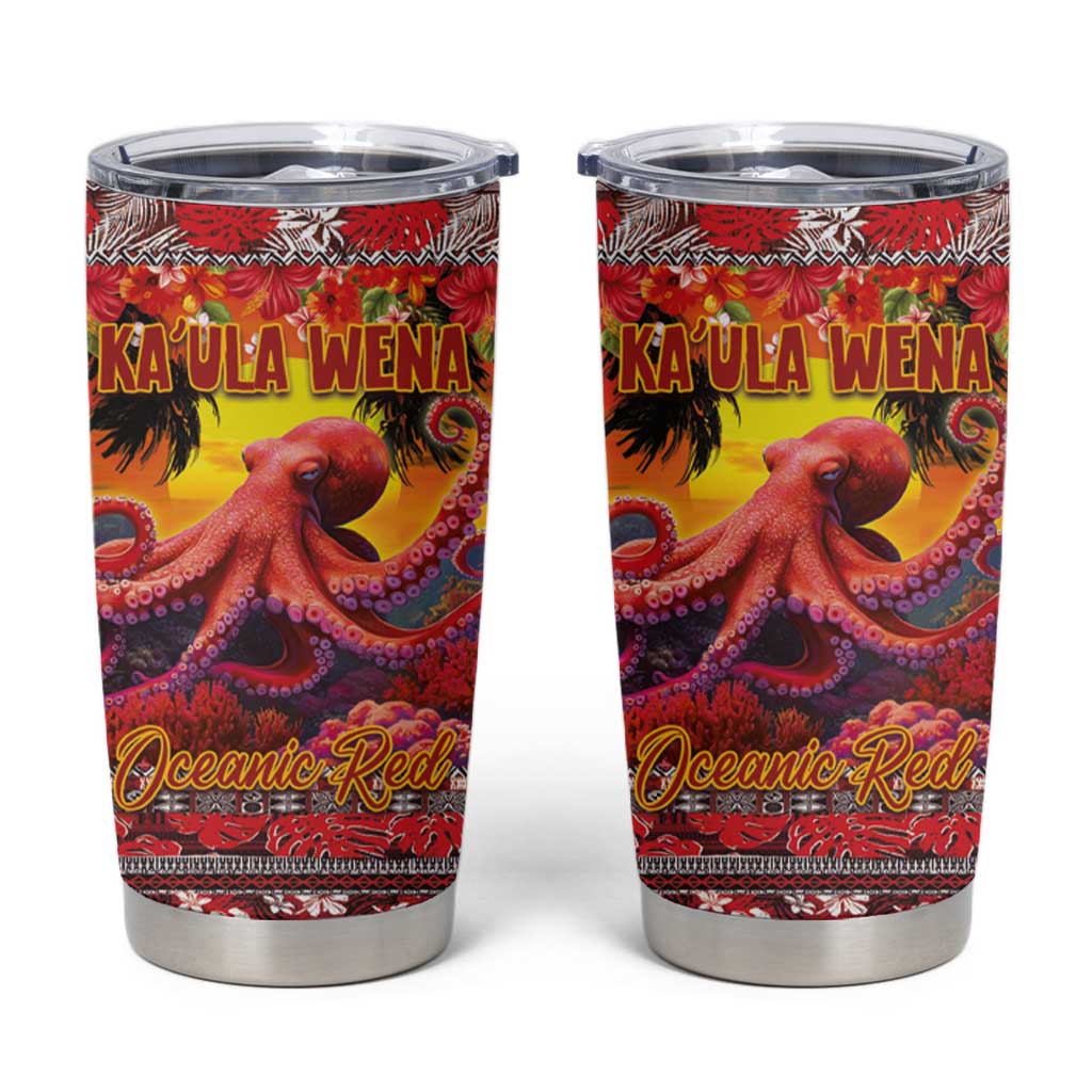 Hawaii KaʻUla Wena Octopus Tumbler Cup Oceanic Red with Corals and Tropical On Sunset Landscape