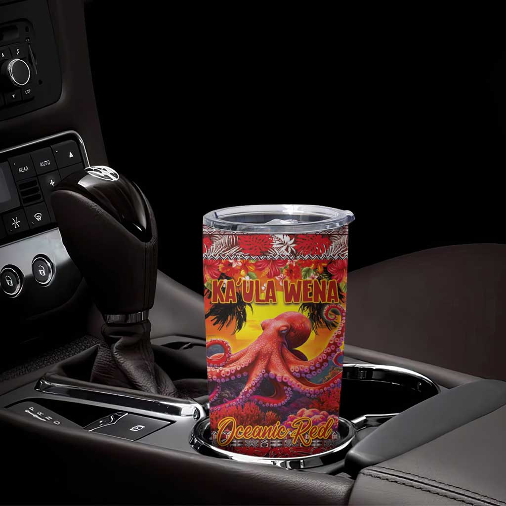 Hawaii KaʻUla Wena Octopus Tumbler Cup Oceanic Red with Corals and Tropical On Sunset Landscape