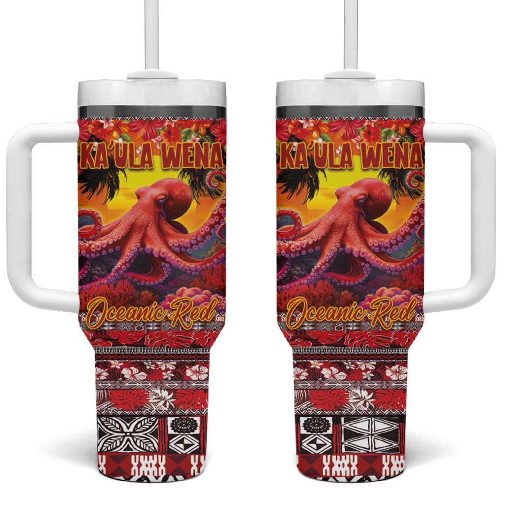 Hawaii KaʻUla Wena Octopus Tumbler With Handle Oceanic Red with Corals and Tropical On Sunset Landscape