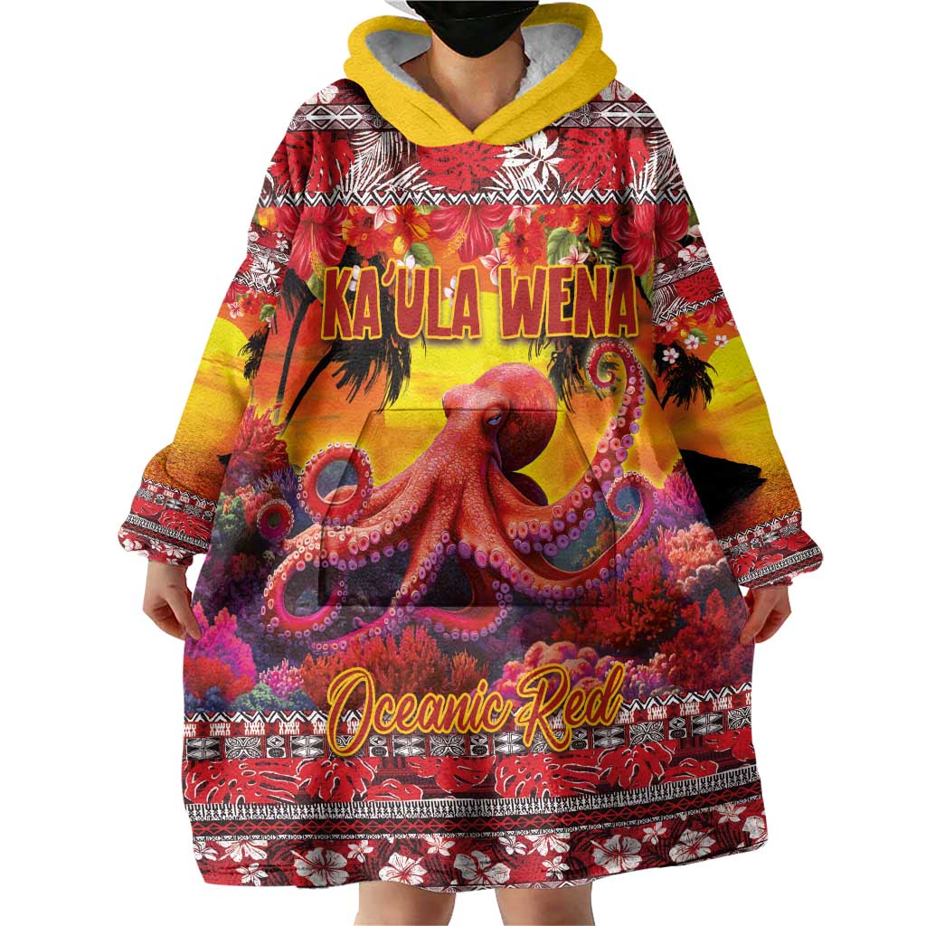 Hawaii KaʻUla Wena Octopus Wearable Blanket Hoodie Oceanic Red with Corals and Tropical On Sunset Landscape