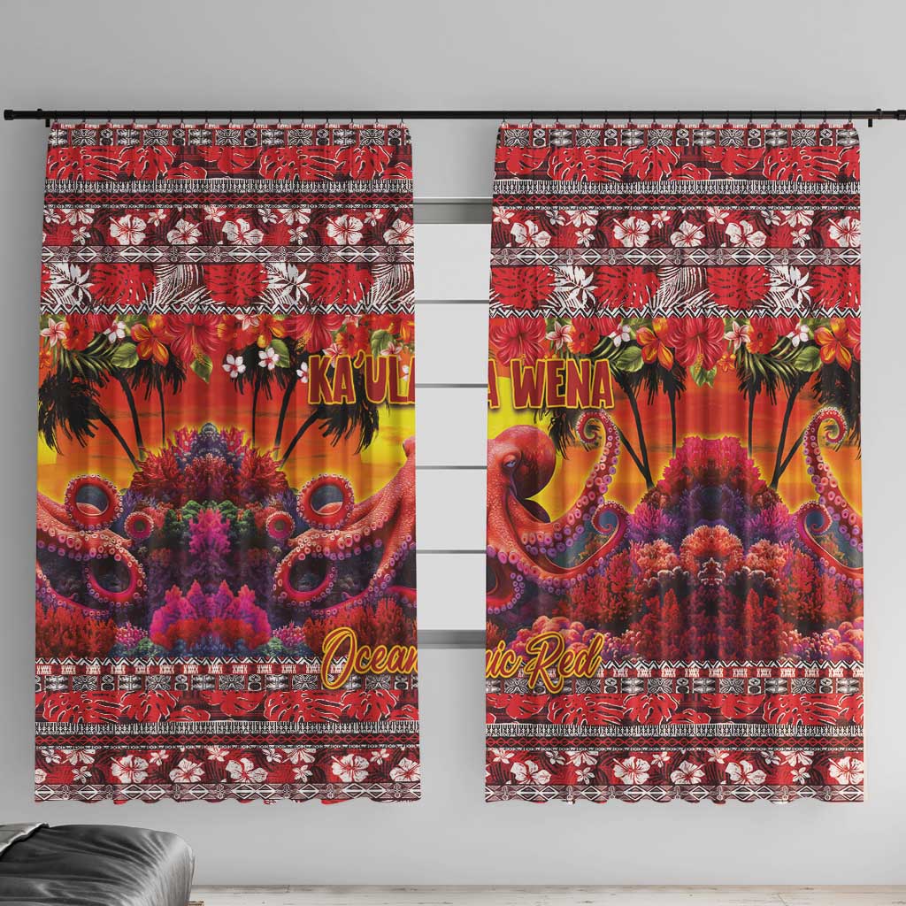 Hawaii KaʻUla Wena Octopus Window Curtain Oceanic Red with Corals and Tropical On Sunset Landscape