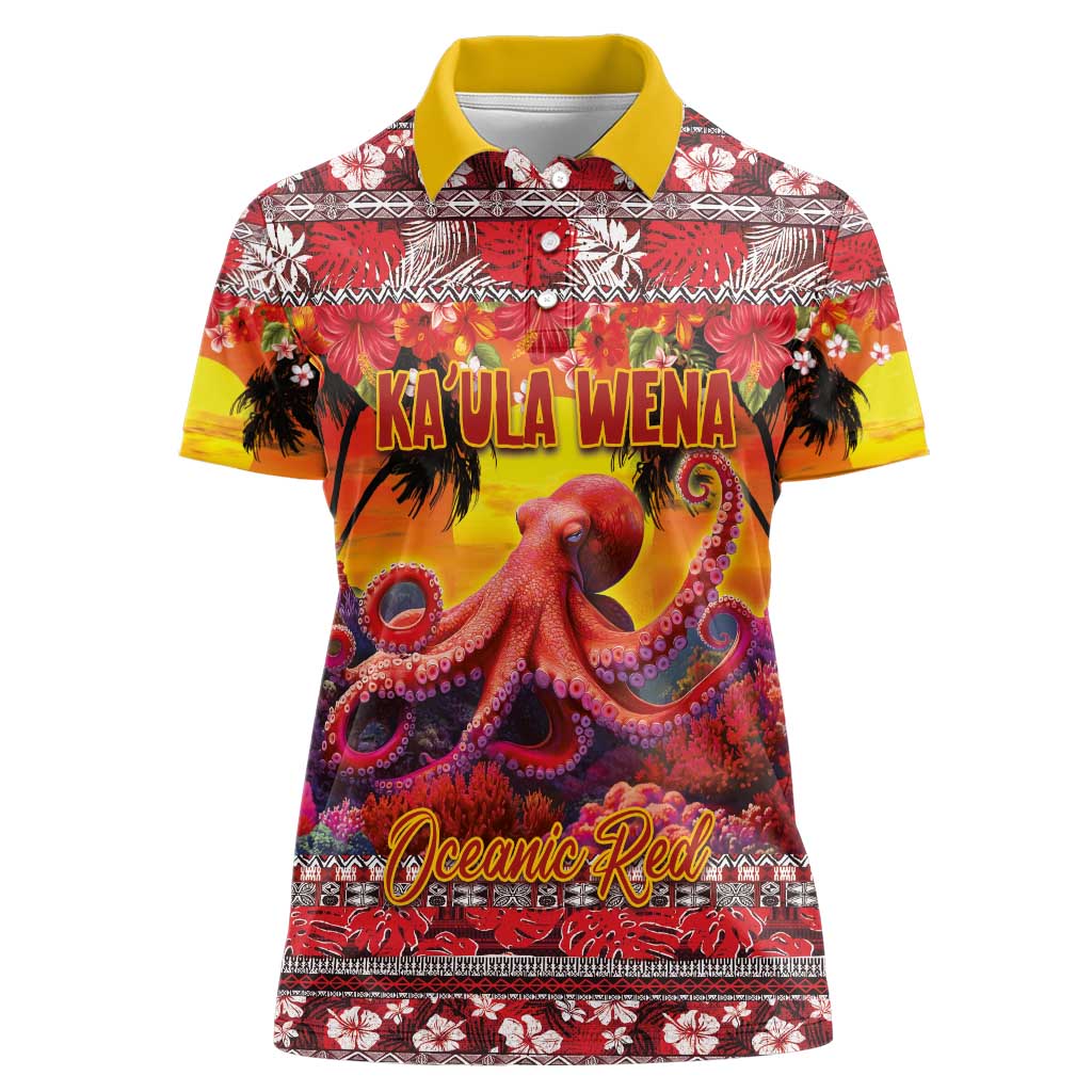 Hawaii KaʻUla Wena Octopus Women Polo Shirt Oceanic Red with Corals and Tropical On Sunset Landscape