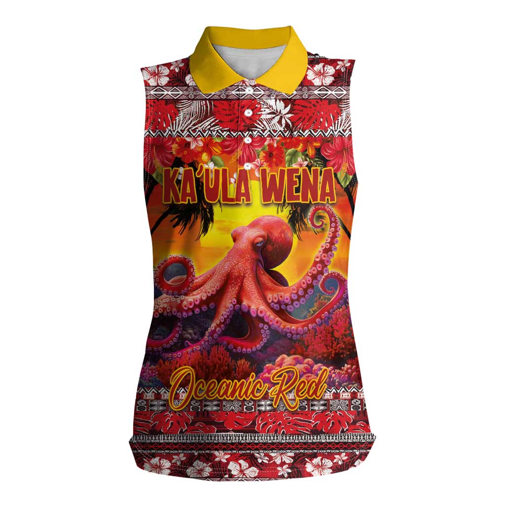 Hawaii KaʻUla Wena Octopus Women Sleeveless Polo Shirt Oceanic Red with Corals and Tropical On Sunset Landscape