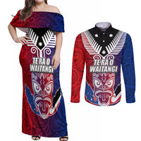 New Zealand Waitangi Couples Matching Off Shoulder Maxi Dress and Long Sleeve Button Shirt Kia Ora Maori Koruru Tiki Mask LT03 Red - Polynesian Pride