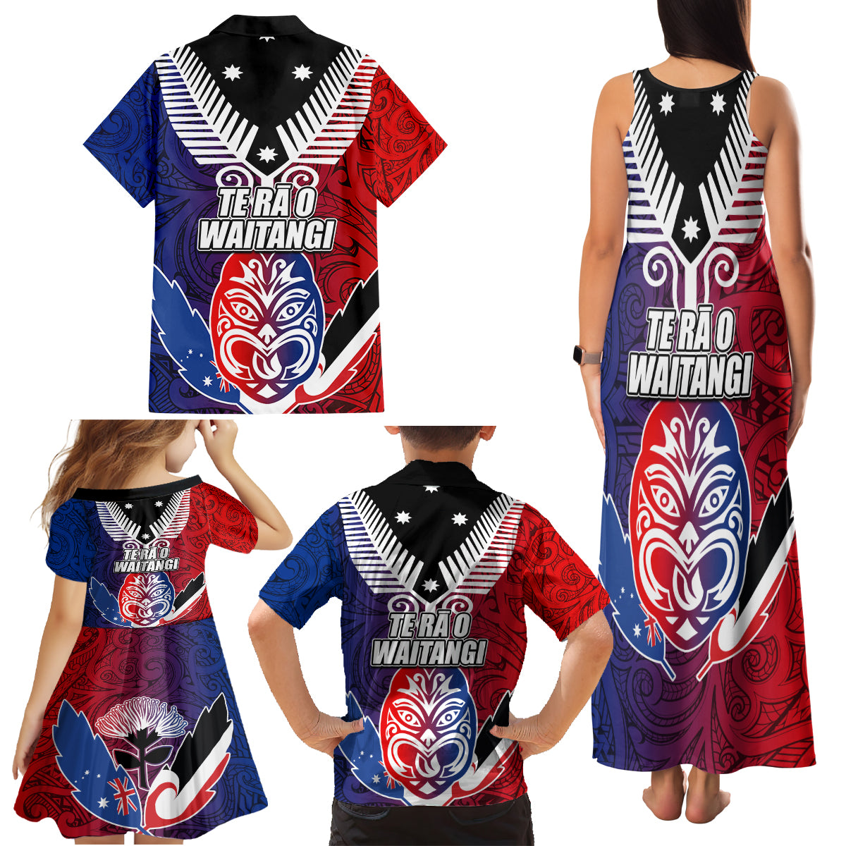 New Zealand Waitangi Family Matching Tank Maxi Dress and Hawaiian Shirt Kia Ora Maori Koruru Tiki Mask LT03 - Polynesian Pride