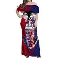New Zealand Waitangi Off Shoulder Maxi Dress Kia Ora Maori Koruru Tiki Mask LT03 Women Red - Polynesian Pride