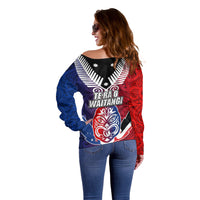 New Zealand Waitangi Off Shoulder Sweater Kia Ora Maori Koruru Tiki Mask LT03 - Polynesian Pride