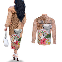 Northern Mariana Islands Hafa Adai Latte Stone Couples Matching Off The Shoulder Long Sleeve Dress and Long Sleeve Button Shirt Peach Fuzz Color LT03 - Polynesian Pride