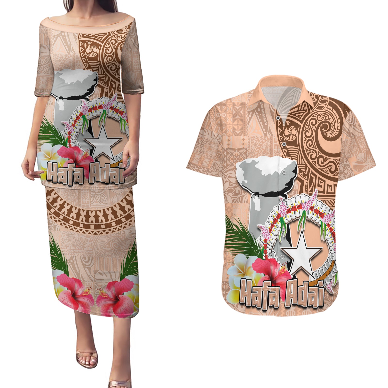 Northern Mariana Islands Hafa Adai Latte Stone Couples Matching Puletasi and Hawaiian Shirt Peach Fuzz Color LT03 Peach Fuzz Color - Polynesian Pride