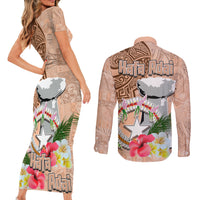 Northern Mariana Islands Hafa Adai Latte Stone Couples Matching Short Sleeve Bodycon Dress and Long Sleeve Button Shirt Peach Fuzz Color LT03 - Polynesian Pride